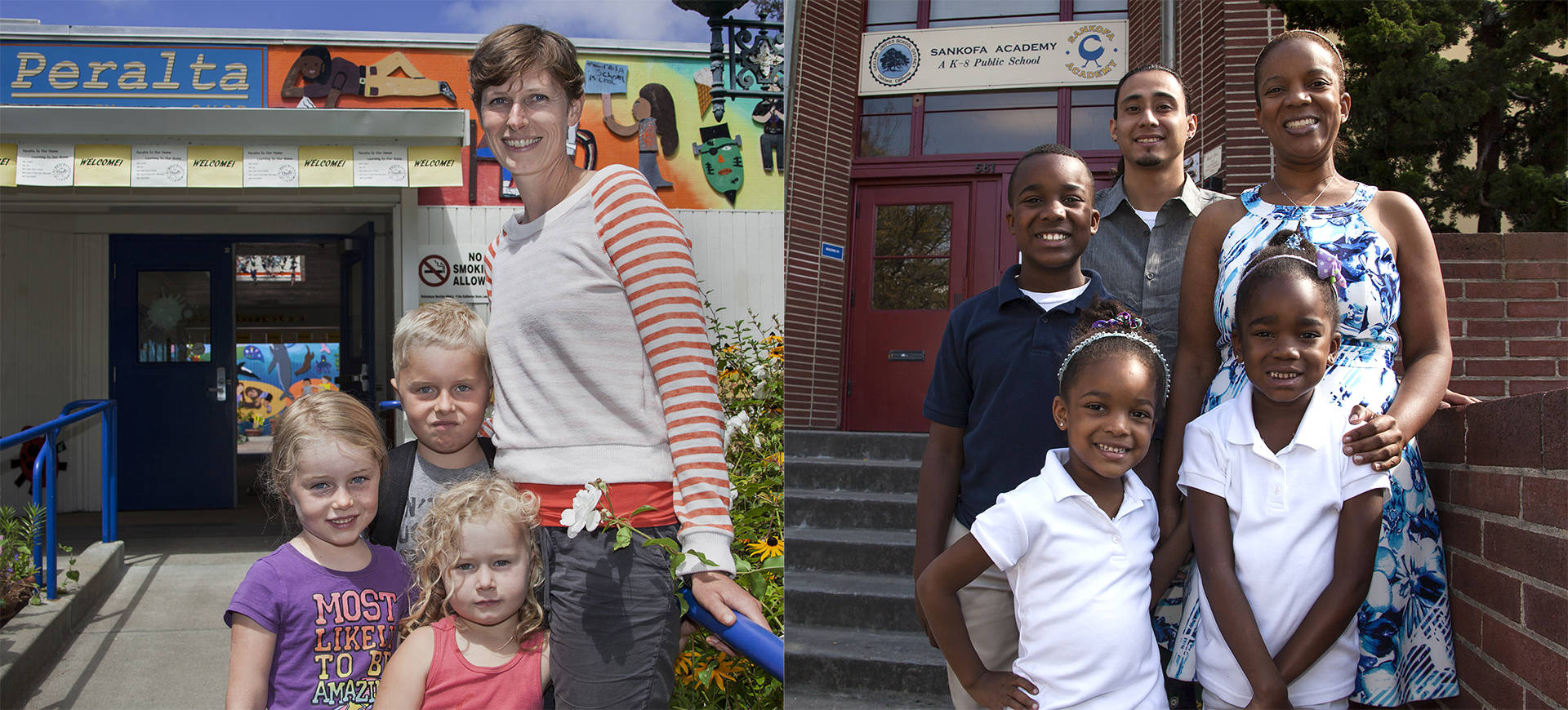 Left photo: Eleanor Wohlfeiler poses for a photo with her three children in front of Peralta Elementary School in Oakland. Right photo: Kristin Smith and her family outside Sankofa Academy in Oakland. Brittany Hosea-Small