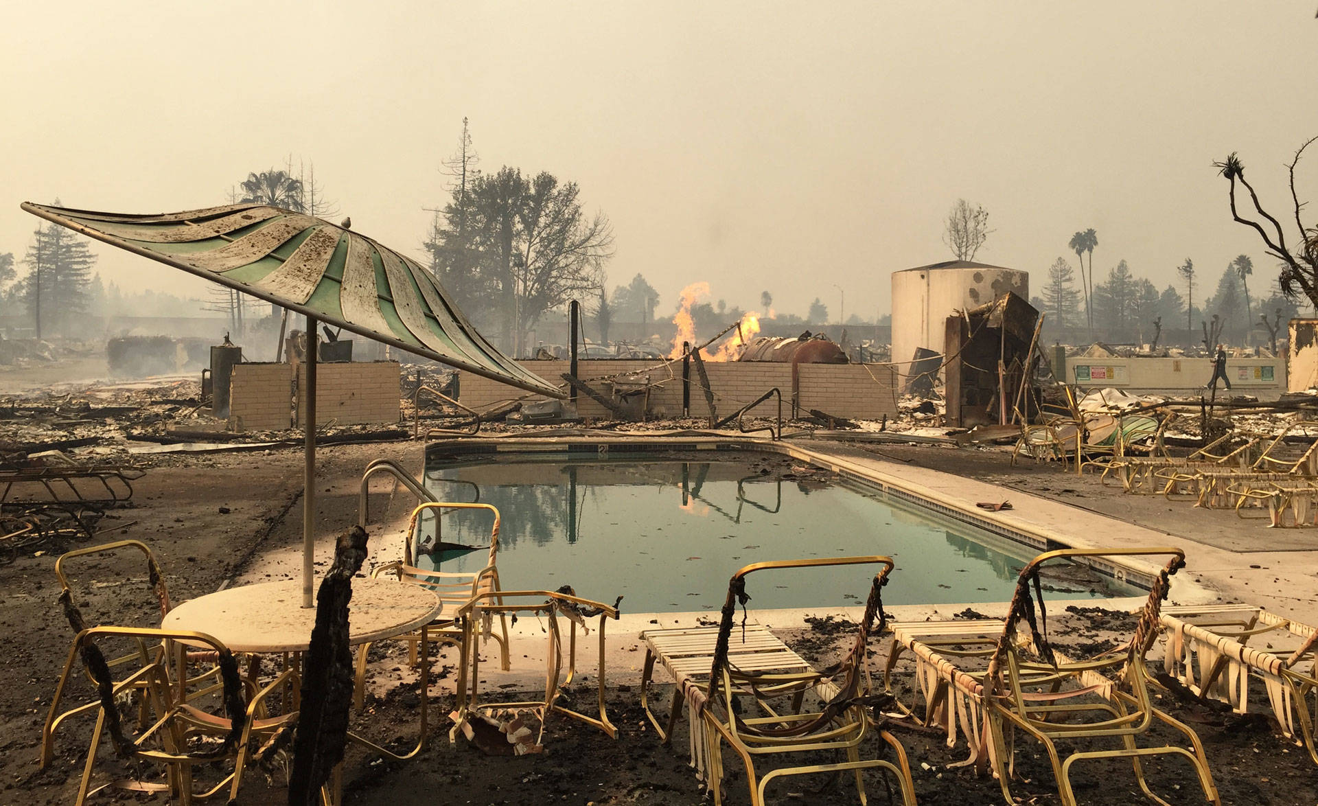 The pool at Journey's End Mobile Home Park in Santa Rosa, which has been completely destroyed. Jeremy Siegel/KQED