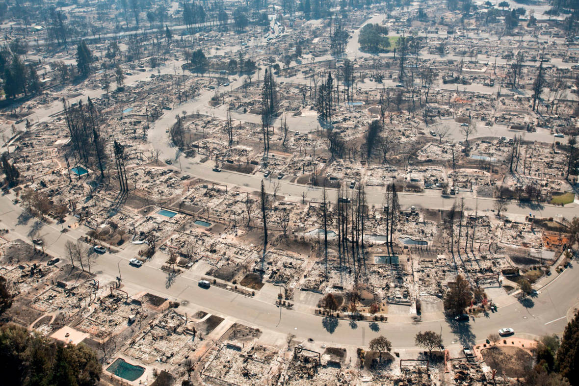 An aerial view shows devastated properties in Santa Rosa on Oct. 12, 2017. JOSH EDELSON/AFP/Getty Images