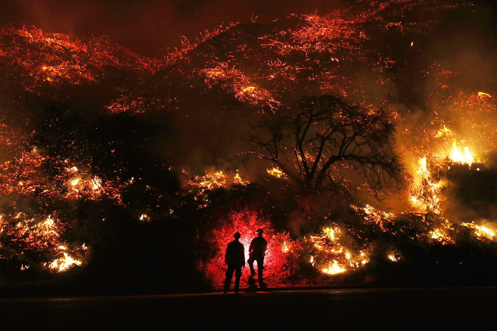 Firefighters monitor a section of the Thomas Fire along the 101 freeway on Dec. 7, 2017, north of Ventura. The firefighters occasionally used a flare device to burn off brush close to the roadside. Strong Santa Ana winds are rapidly pushing multiple wildfires across the region, expanding across tens of thousands of acres and destroying hundreds of homes and structures.  Mario Tama/Getty Images