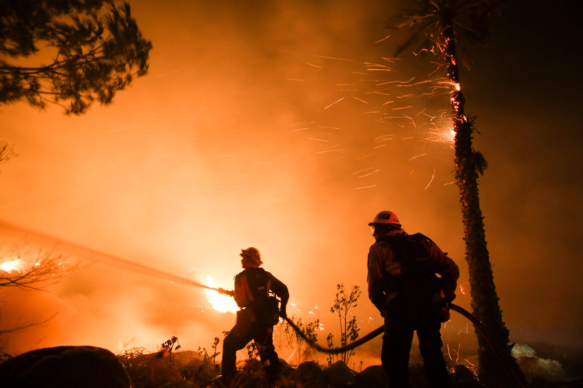 Firefighters battle the Thomas Fire as it burns along a hillside near homes in Santa Paula, northeast of Ventura, on Dec. 5, 2017. RINGO CHIU/AFP/Getty Images
