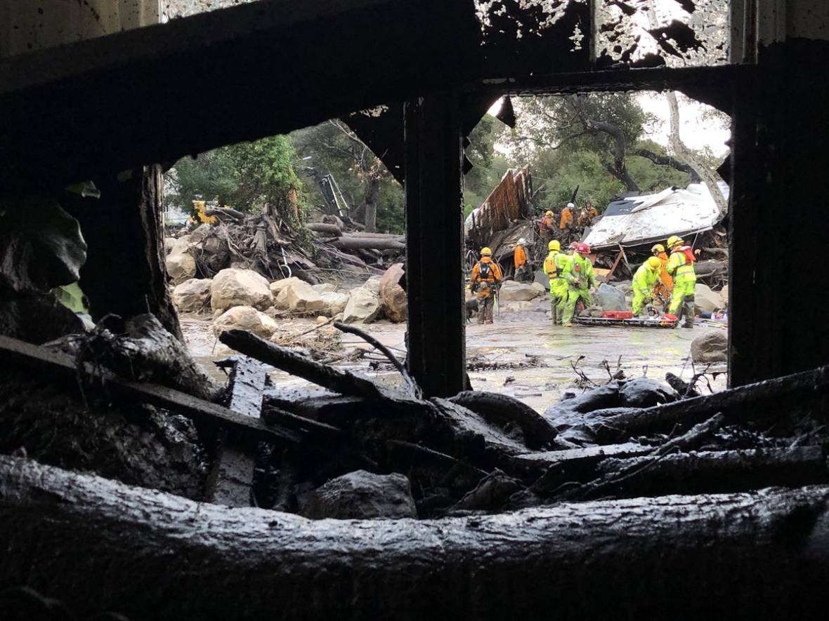 Scene from the 300 block of Hot Springs Road in Montecito on Jan. 9, 2018, following debris and mud flow due to heavy rain. Santa Barbara County Fire Department on Twitter