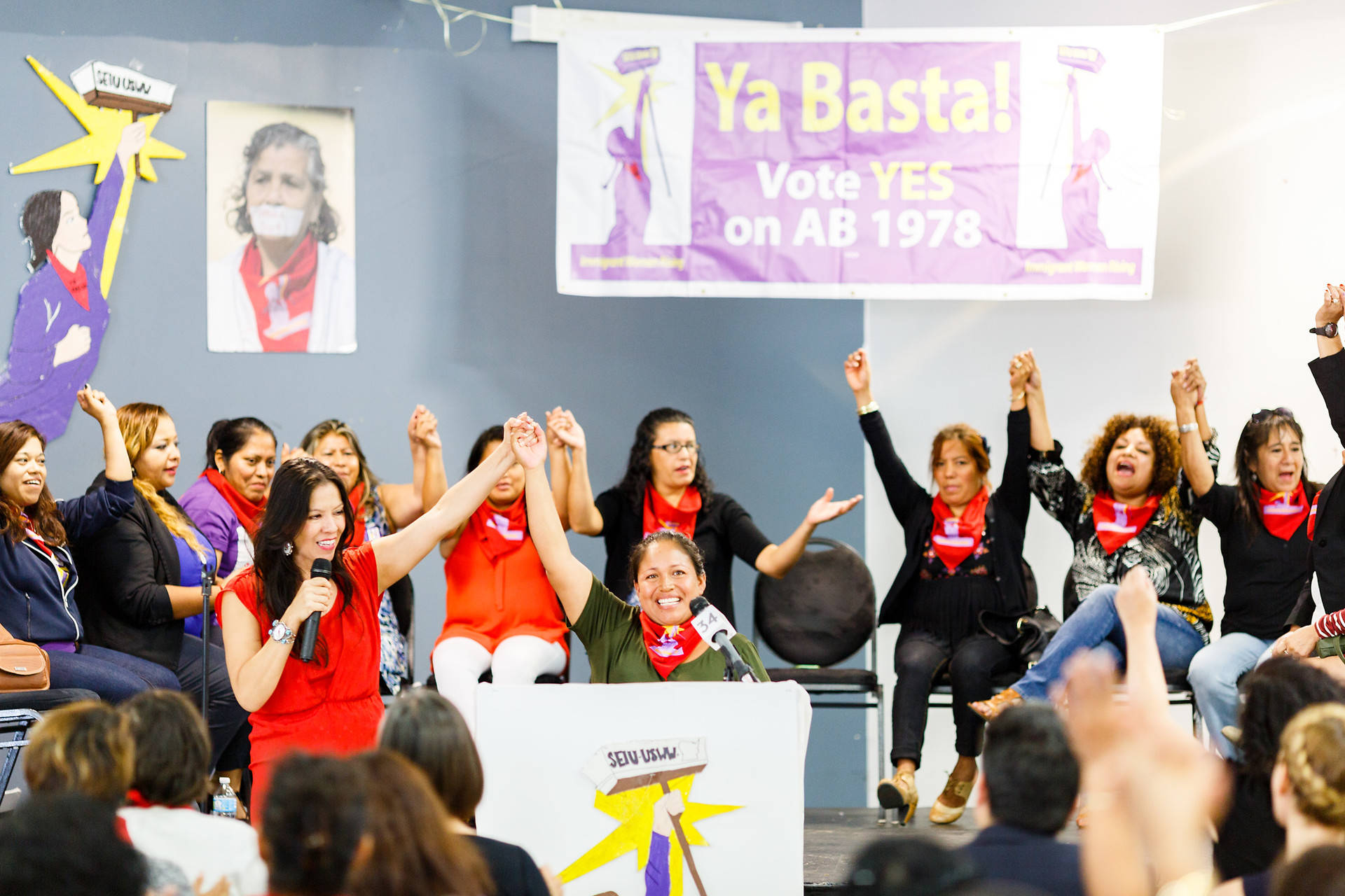 Georgina Hernandez, a janitor who was sexually assaulted on the job, leads members of the "Ya Basta" (enough is enough) coalition in a chant, urging the passage of AB 1978 to increase protections for janitors. Alejandra Valles