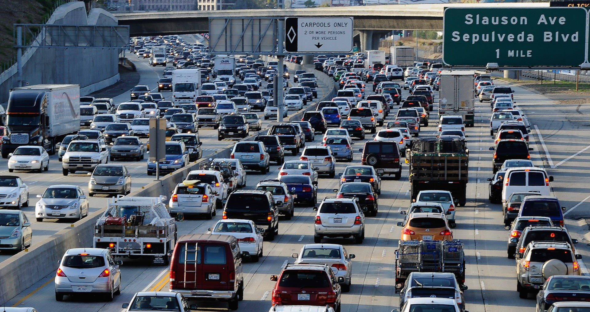 Traffic comes to a standstill on the northbound and southbound lanes of the Interstate 405 freeway near Los Angeles International Airport. Kevork Djansezian/Getty Images