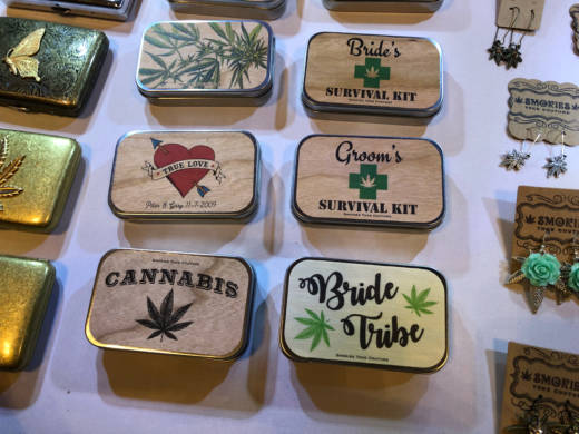 Custom products, like these Smokies Toke Couture tins to hold pre-rolled joints, got the interest of Nicole Becker, who is currently engaged and planning her wedding.