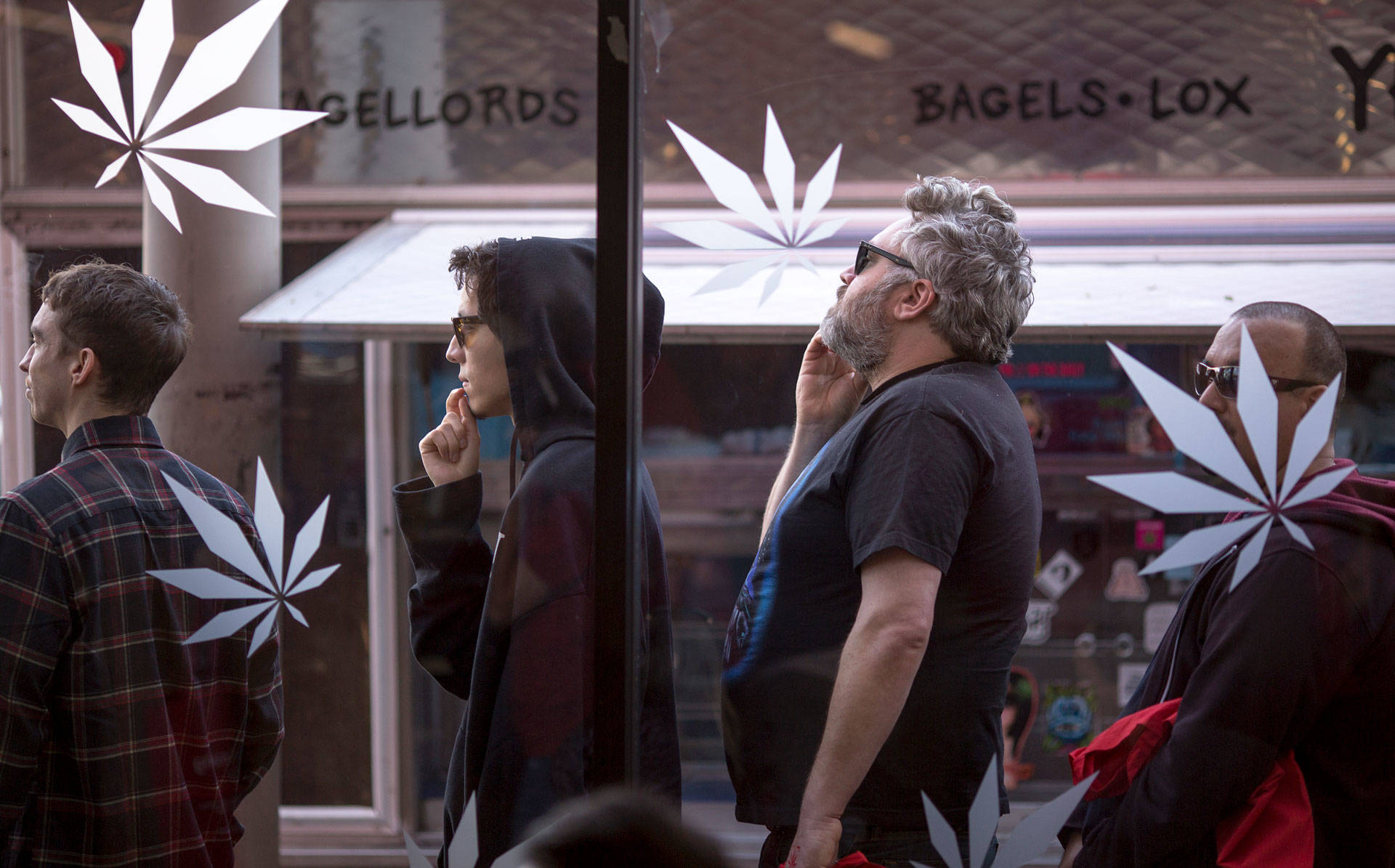 People stand in line to get into one of the two Los Angeles area pot shops that began selling marijuana for recreational use on January 2, 2018. David McNew/Getty Images