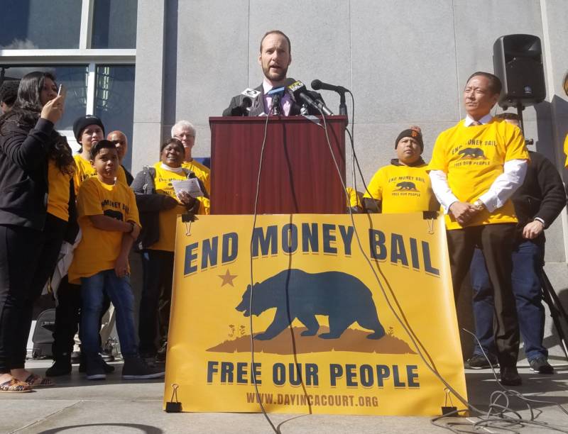San Francisco Deputy Public Defender Chesa Boudin discusses bail reform on Feb. 20, 2018, at the city's Hall of Justice. A recent California appellate court ruling requires judges to consider a defendant's ability to pay when setting bail.