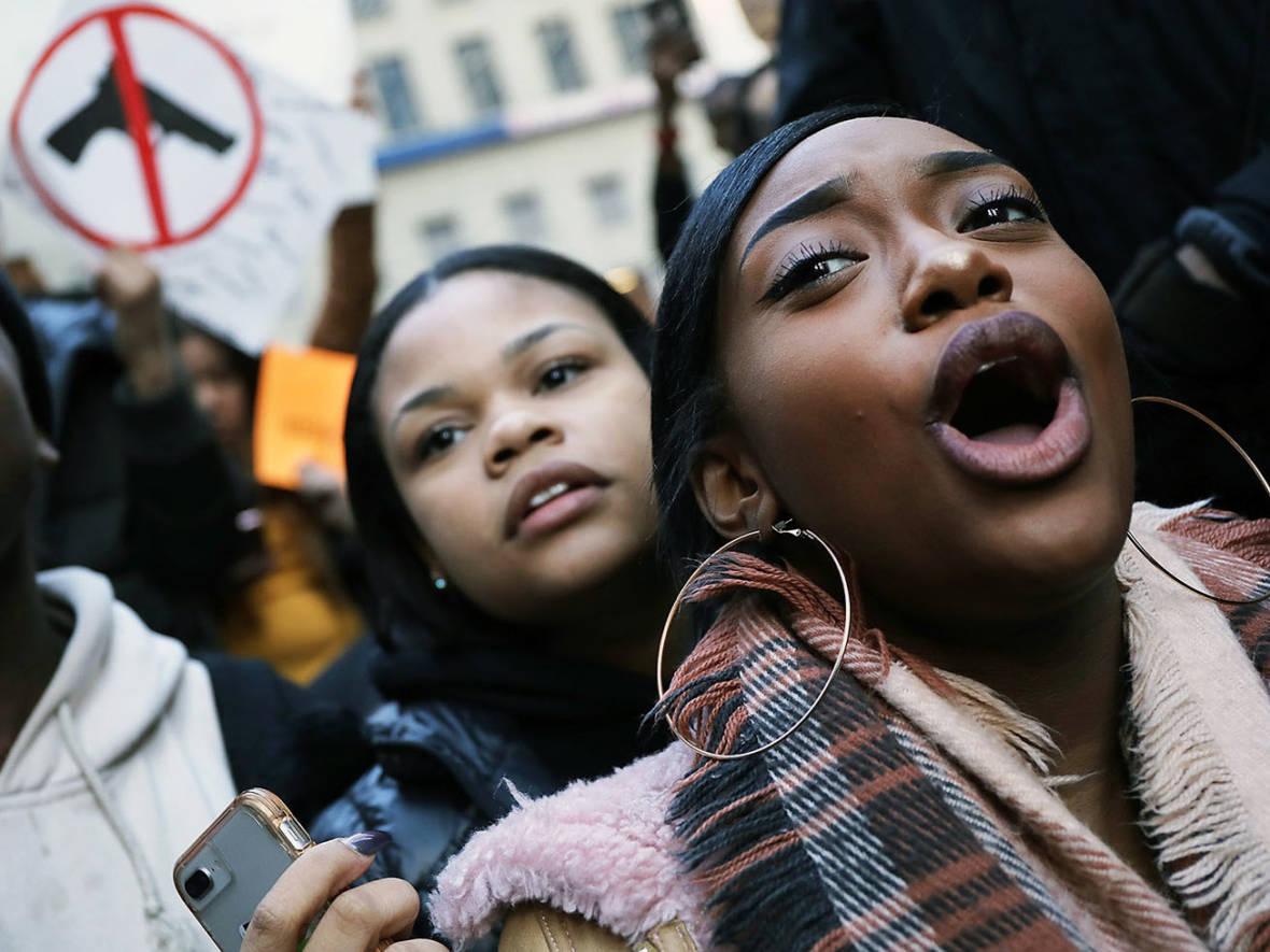 Students from surrounding schools gather at Zuccotti Park in lower Manhattan to mark one month since the high school shooting in Parkland, Florida. Spencer Platt/Getty Images
