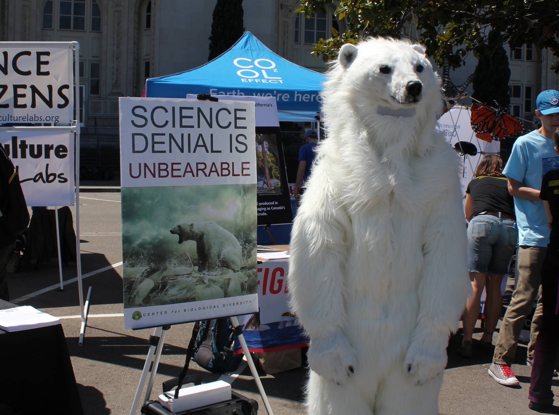 A person dressed in a polar bear outfit stands by the Center for Biological Diversity's booth at the 2018 Bay Area March for Science at Lake Merritt. Sara Hossaini/KQED