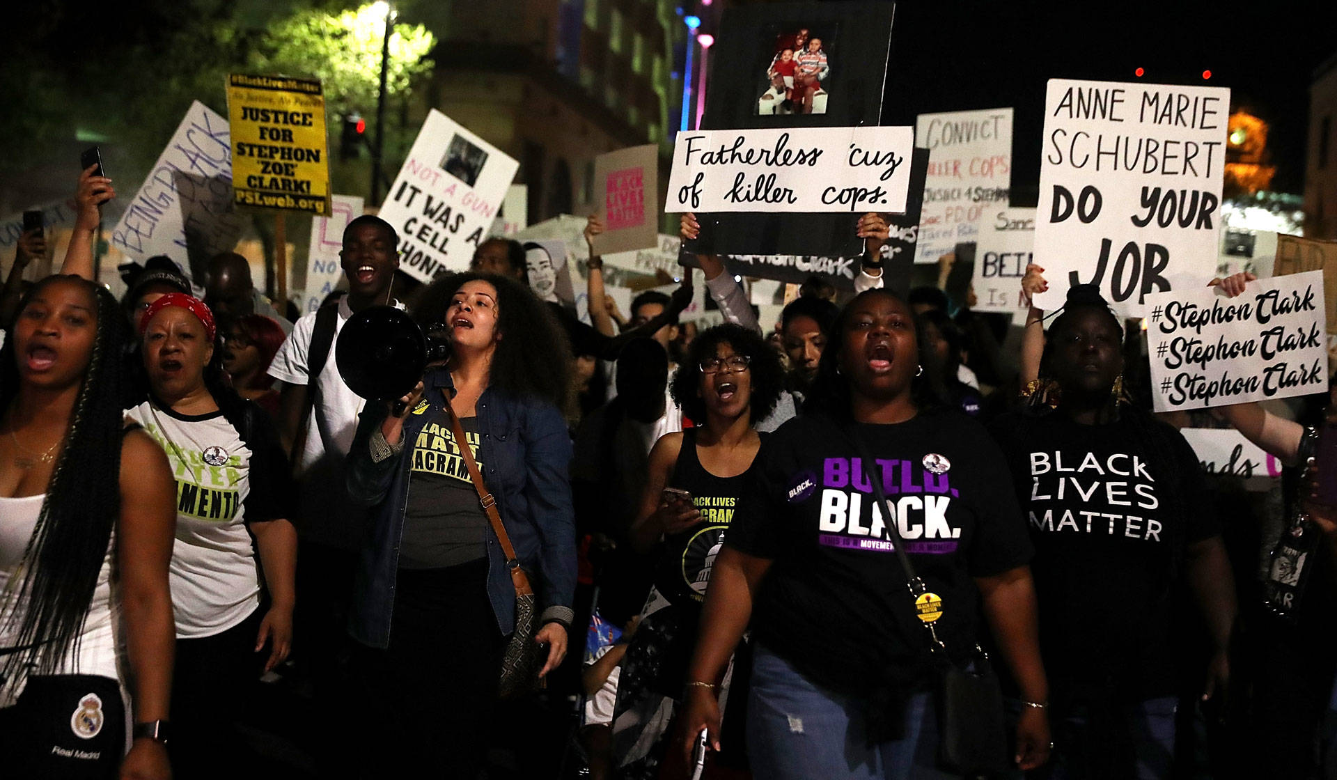 Black Lives Matter protesters march through the streets of Sacramento during a demonstration on March 30, 2018, one day after Stephon Clark's funeral. Justin Sullivan/Getty Images