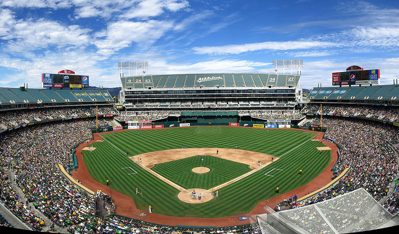 An aerial view of a baseball stadium.