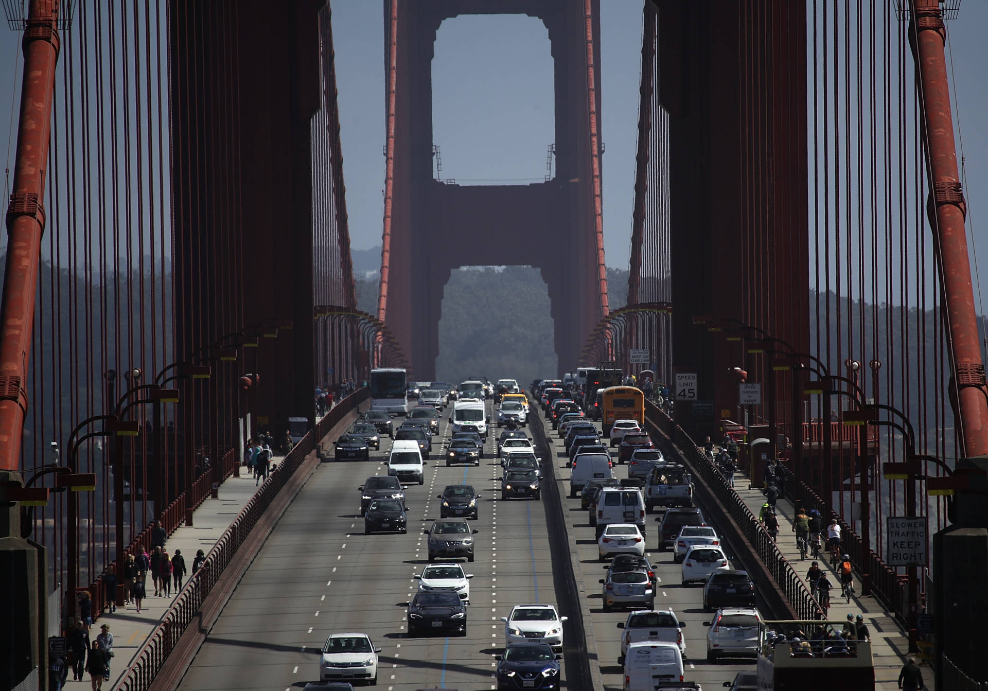 Cars drive over the Golden Gate Bridge on Aug. 2, 2018, in Sausalito, California. On Thursday, the Trump administration announced a proposal to weaken fuel-efficiency requirements for the nation's cars and trucks. The rollback is likely to spark legal challenges from California and other states.  Justin Sullivan/Getty Images