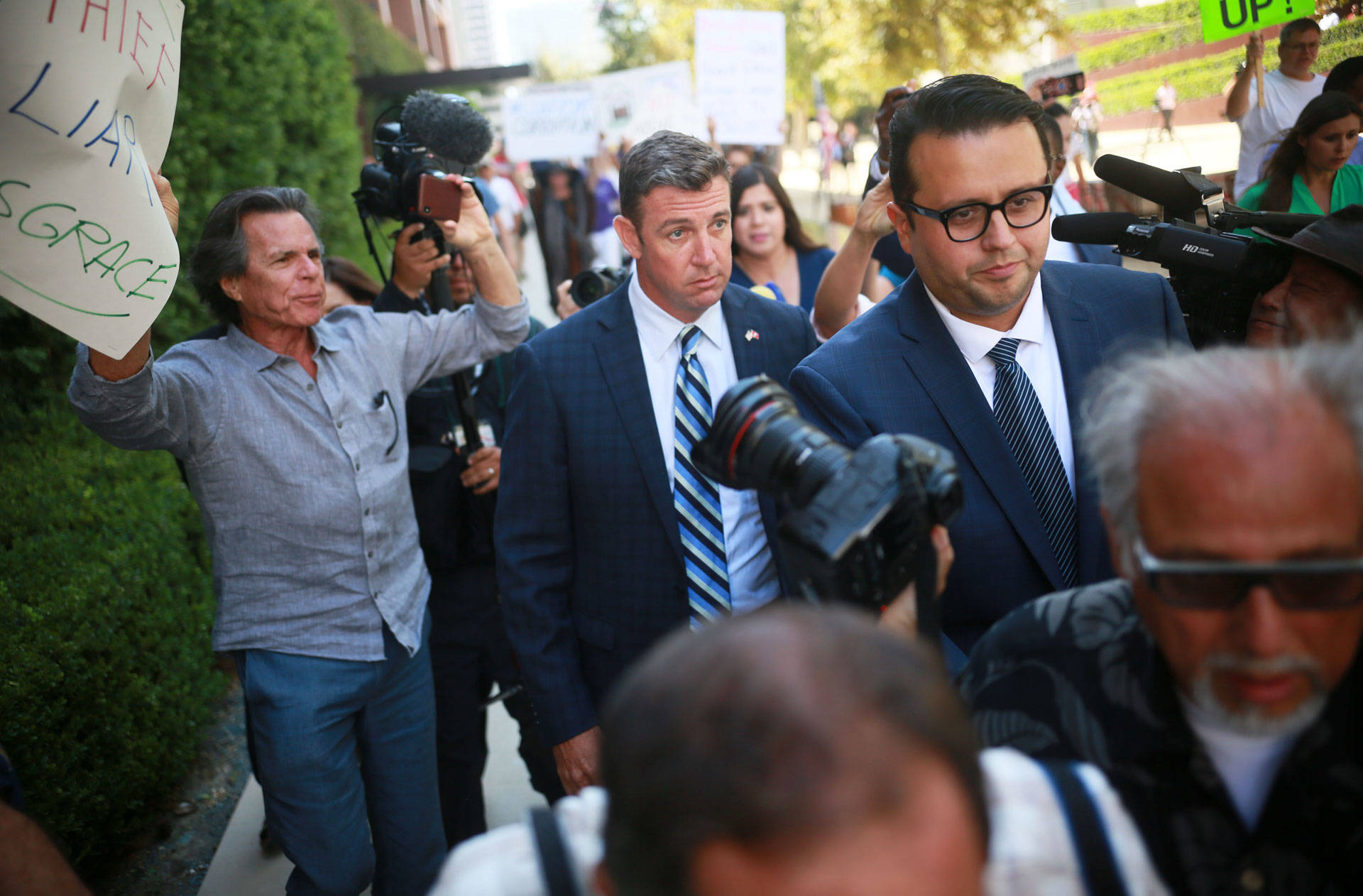 Congressman Duncan Hunter walks out of the San Diego federal courthouse after an arraignment hearing on Thursday, Aug. 23, 2018. Sandy Huffaker/Getty Images