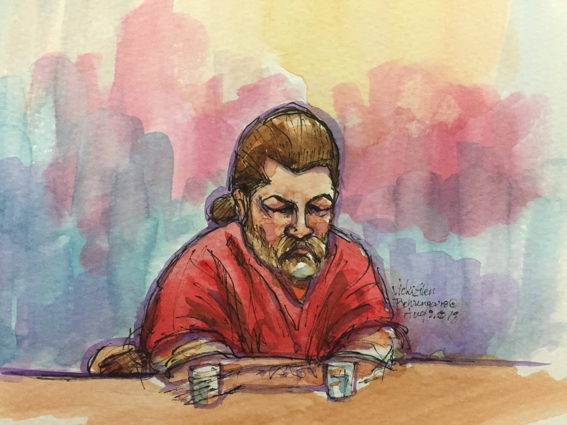 An illustration depicting Derick Almena in Alameda County Superior Court on Aug. 9, 2018, during a sentencing hearing. Vicki Behringer/Courtroom Artist