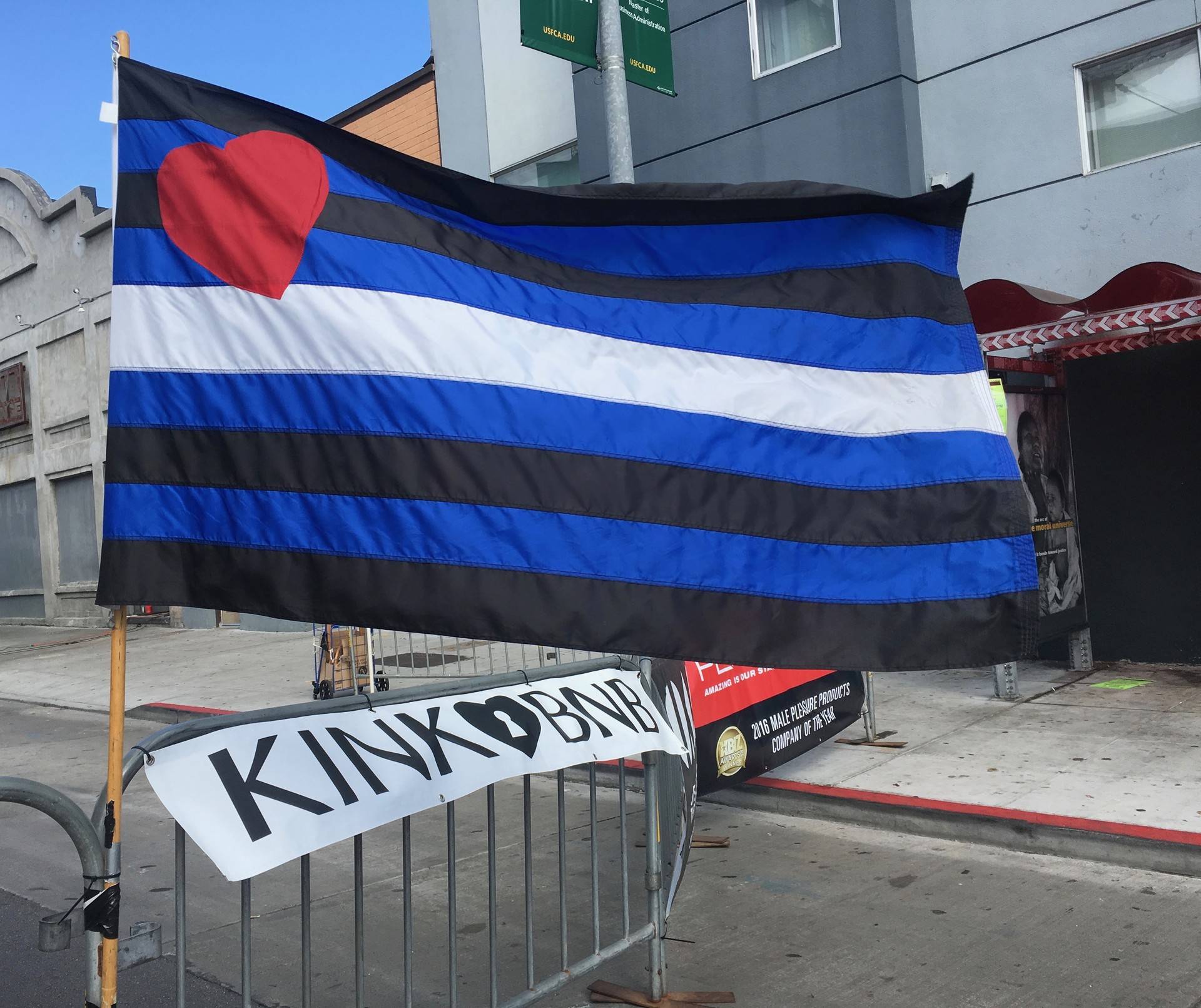 The Leather Pride flag flies at the Folsom Street Fair in San Francisco on Sept. 30, 2018. Michelle Wiley/KQED