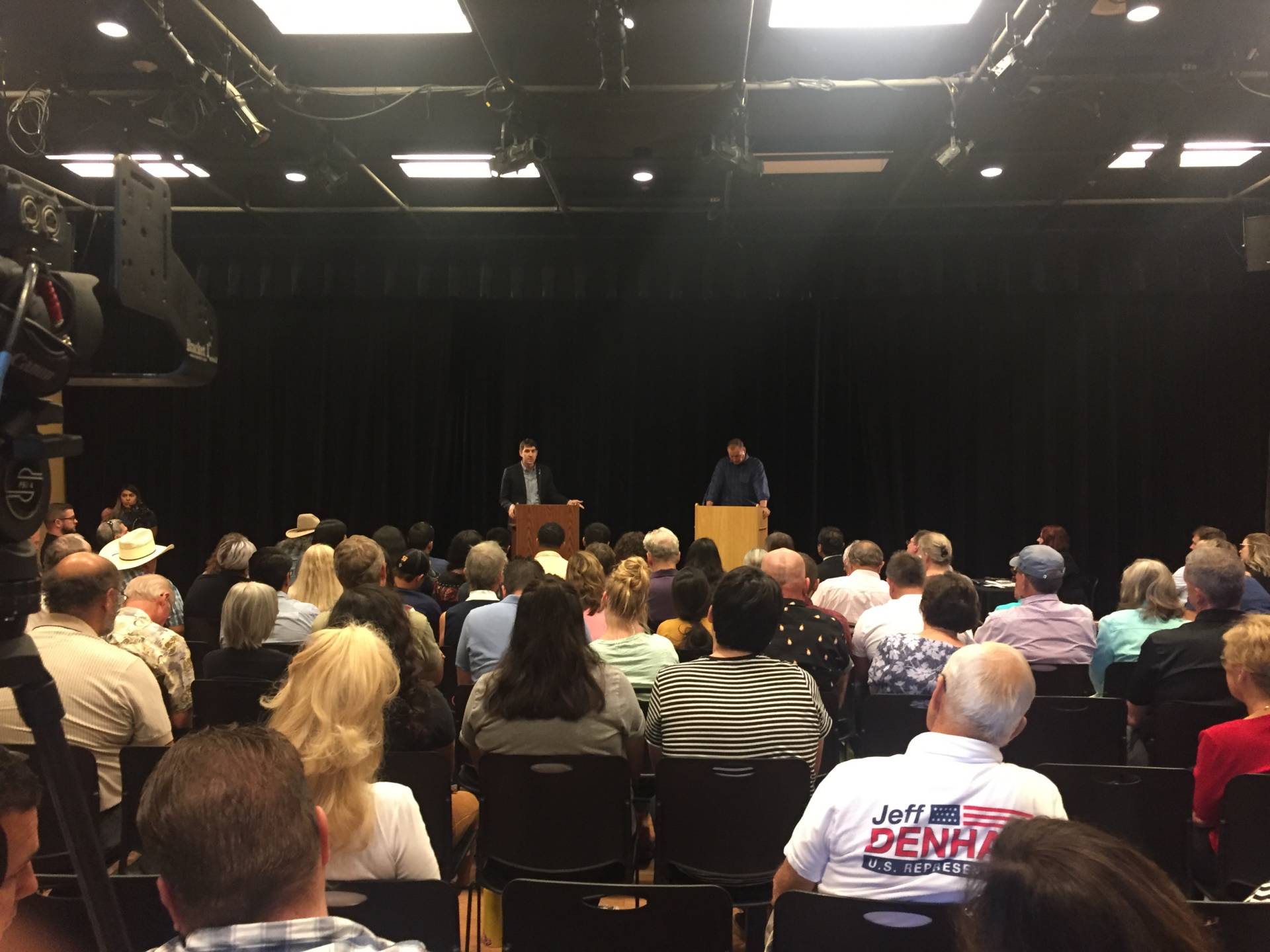 Republican Jeff Denham (R) and challenger Democrat Josh Harder (L) debate in Turlock.
 Sonja Hutson/KQED
