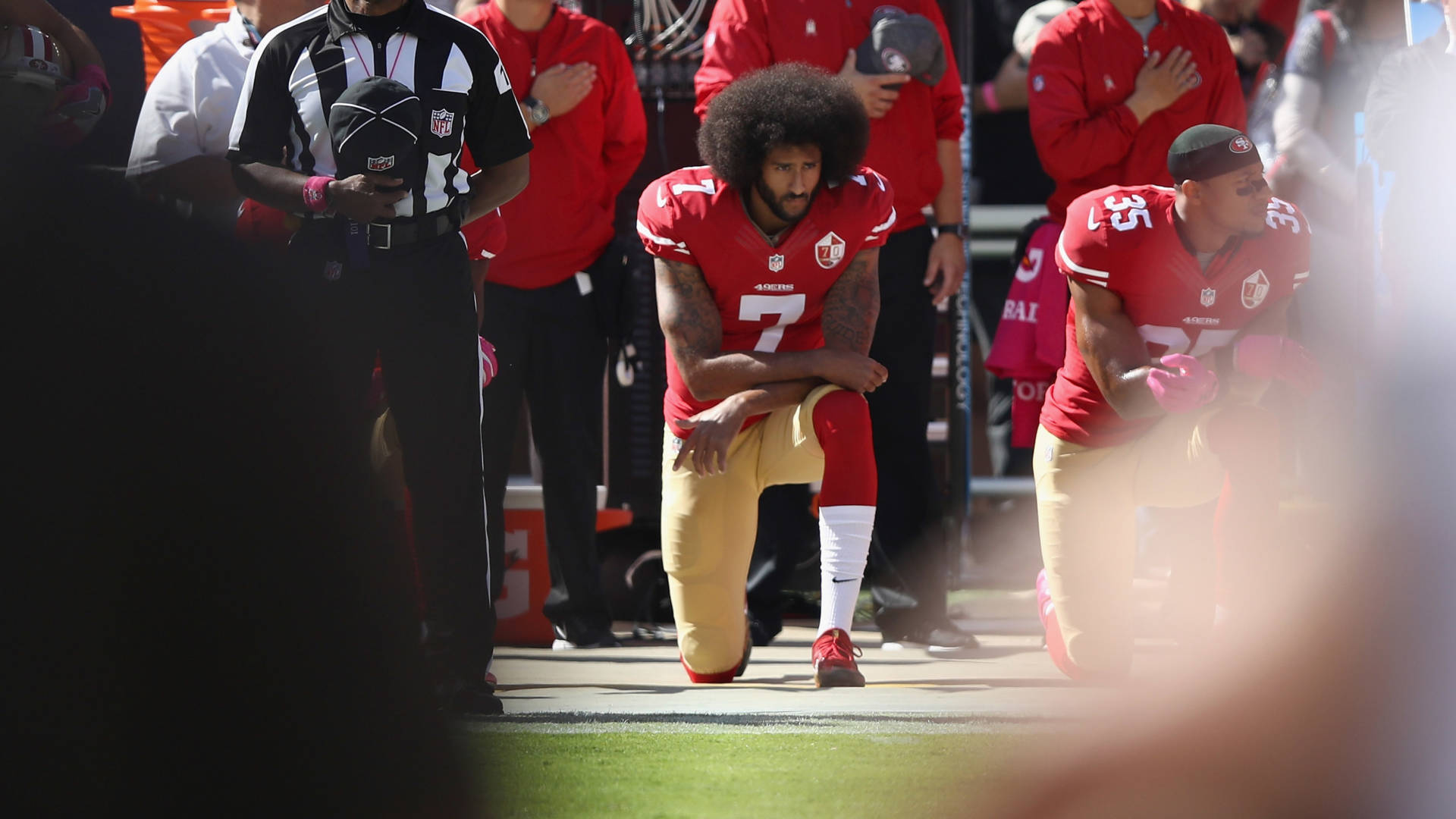 Colin Kaepernick kneels for the national anthem at Levi's Stadium in Santa Clara, Calif., on Oct. 23, 2016. Ezra Shaw/Getty Images
