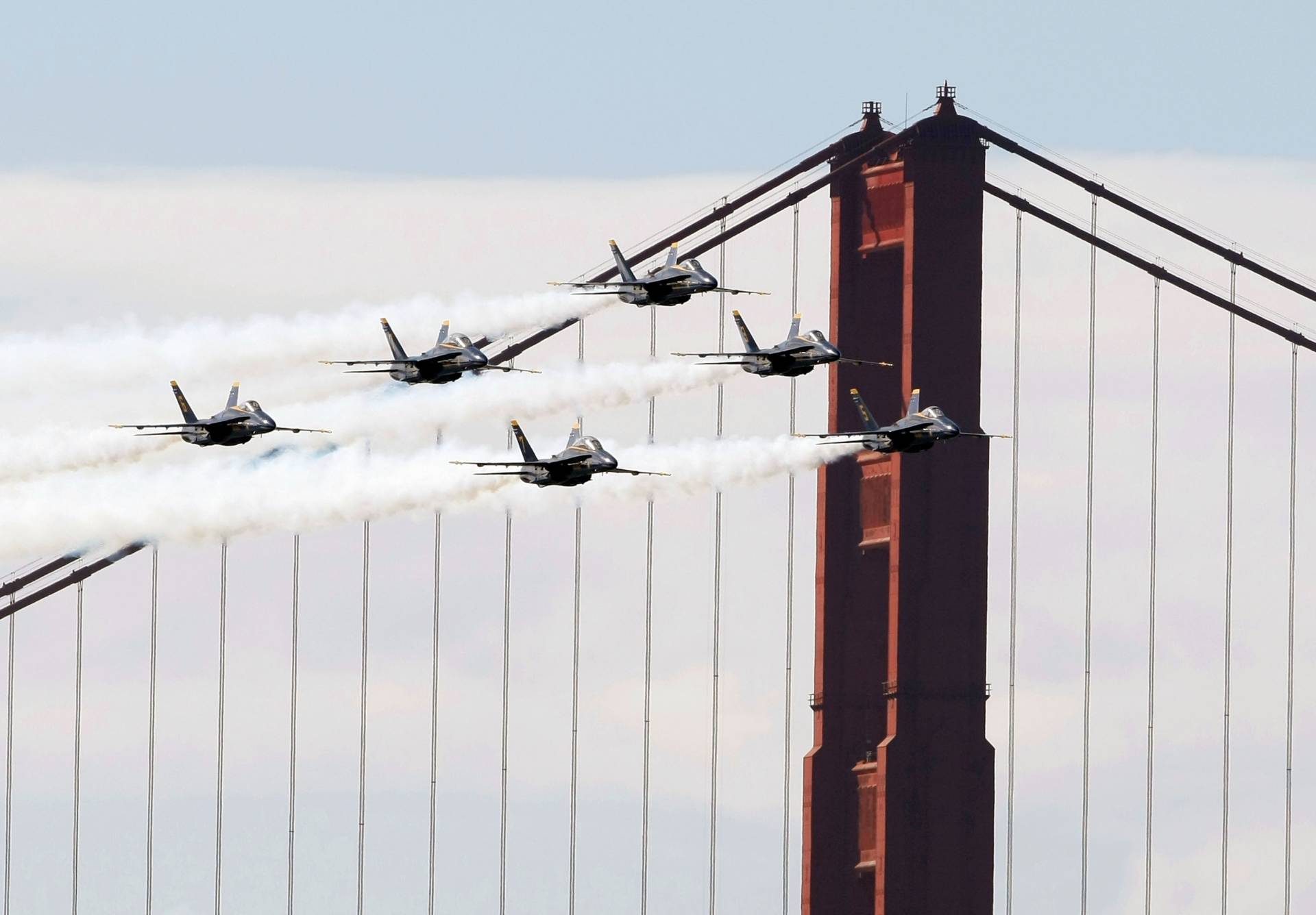 The U.S. Navy's Blue Angels pass in front of the Golden Gate Bridge during a practice session for San Francisco Fleet Week 2007. Justin Sullivan/Getty Images