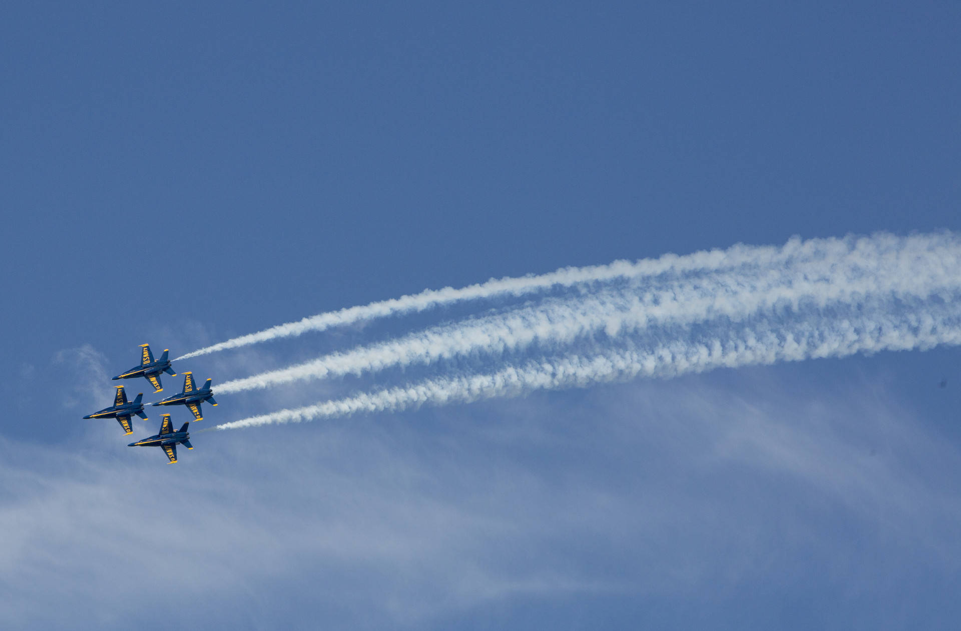 U.S. Navy Blue Angel jets fly over the San Francisco Bay. Blue Angels are the most popular event at the San Francisco Fleet Week air show. Anne Wernikoff/KQED