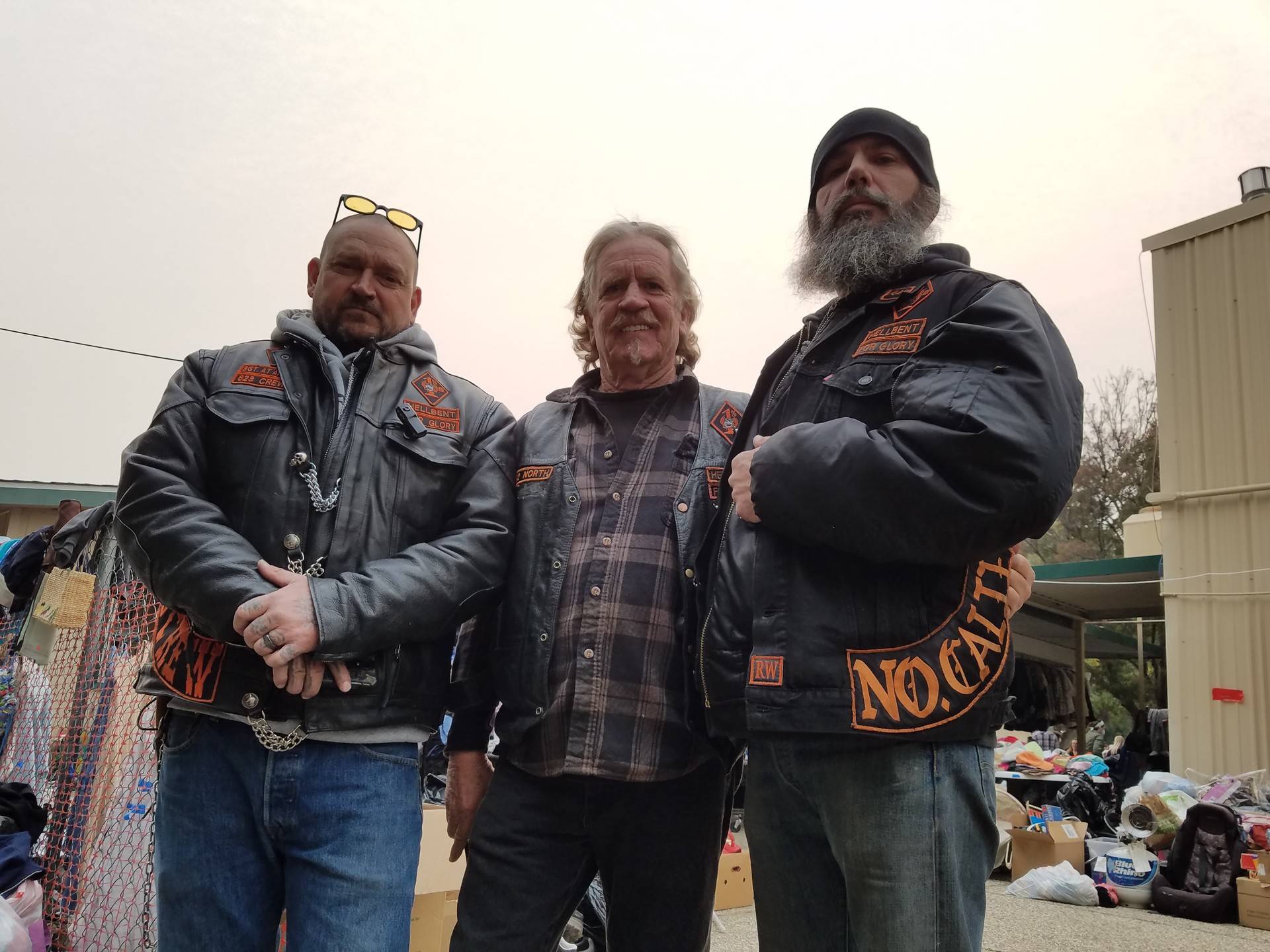 Members of the Hellbent Motorcycle Club 823 Chapter were handling security for a Camp Fire shelter at the East Avenue Church in Chico on Nov. 13. Alex Emslie/KQED