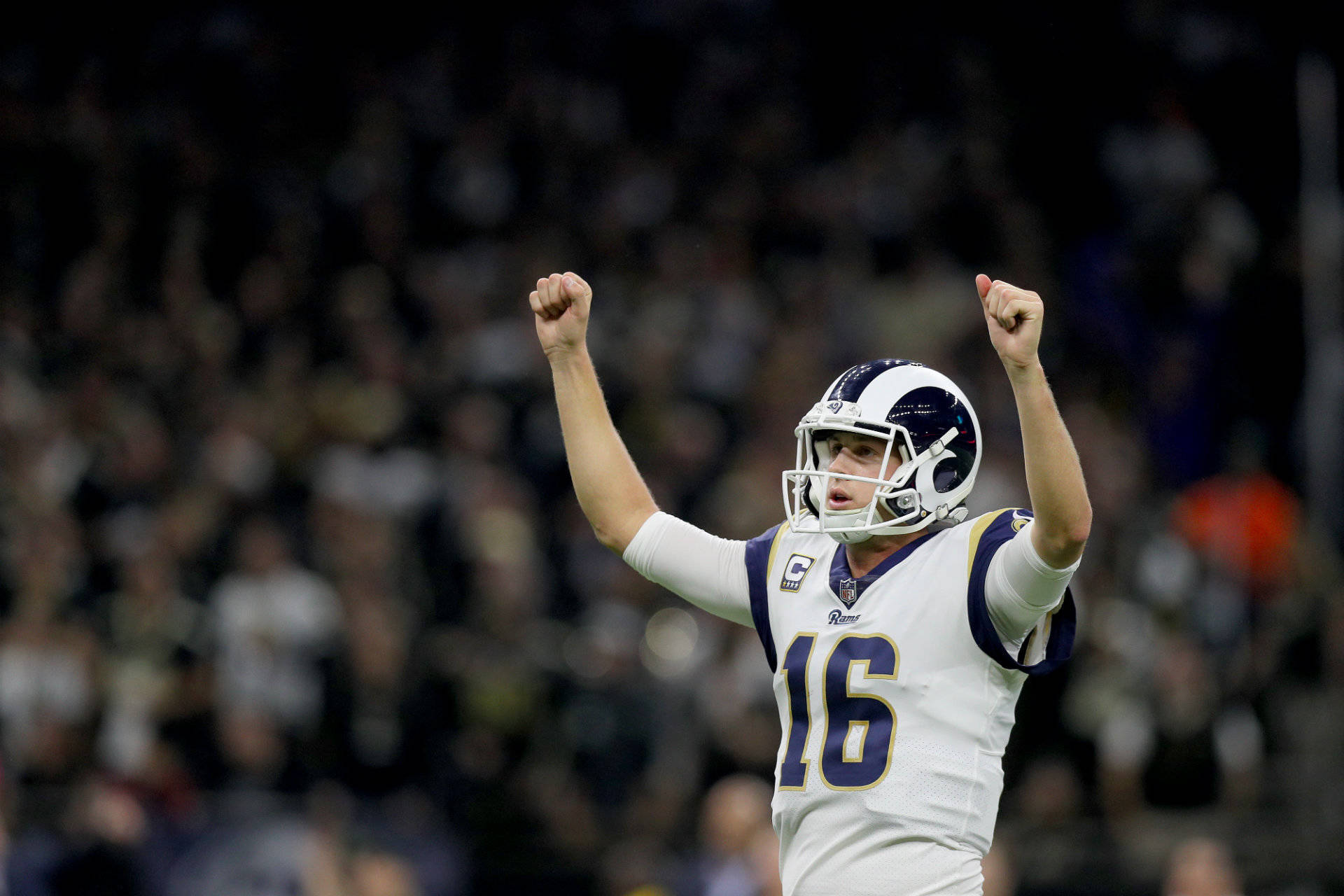 Jared Goff of the Los Angeles Rams celebrates a pass against the New Orleans Saints during the third quarter in the NFC Championship game at the Mercedes-Benz Superdome on January 20, 2019 in New Orleans, Louisiana.
 Jonathan Bachman/Getty Images