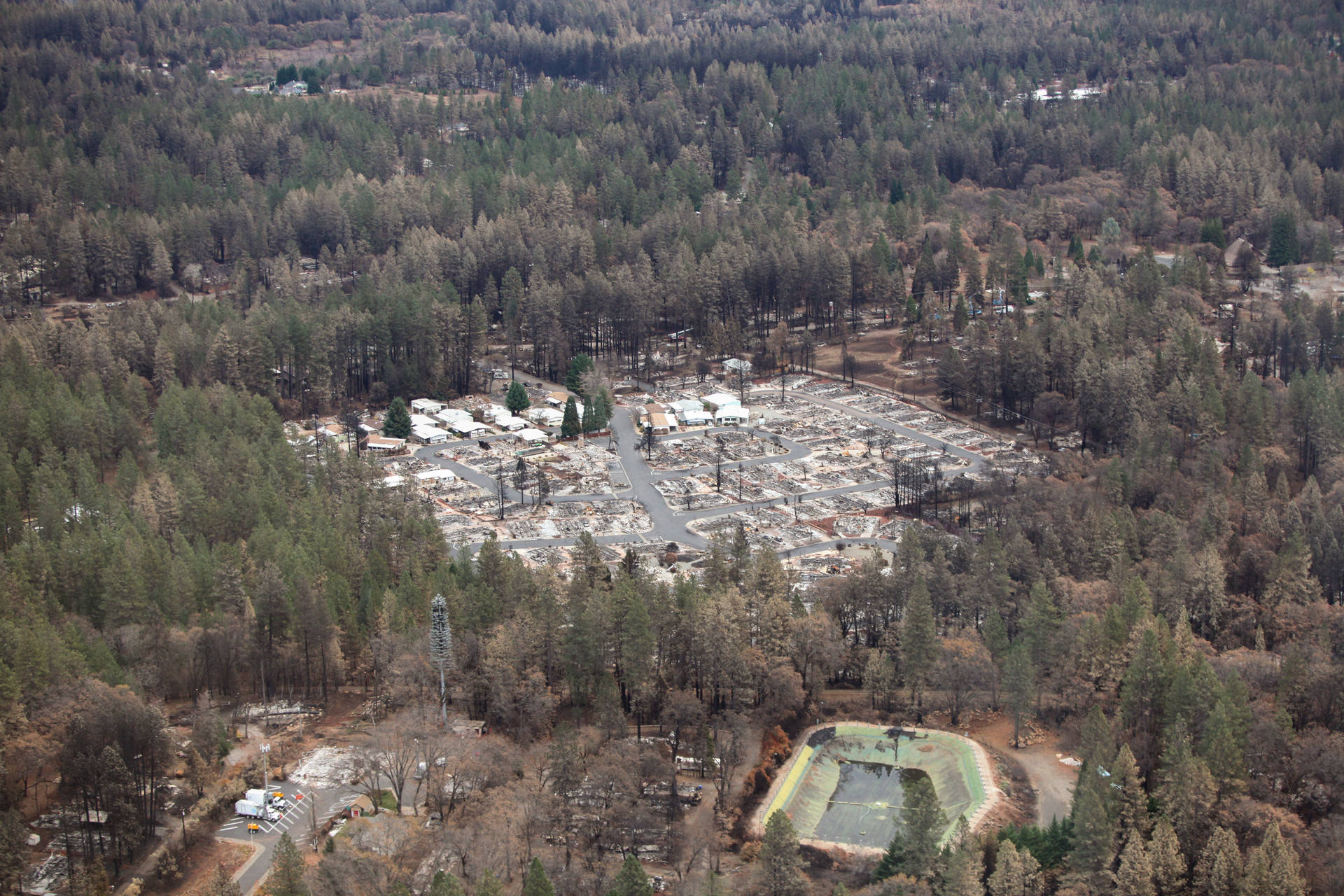 An aerial view of Paradise nearly a month after the Camp Fire decimated the town. Adam Grossberg/KQED