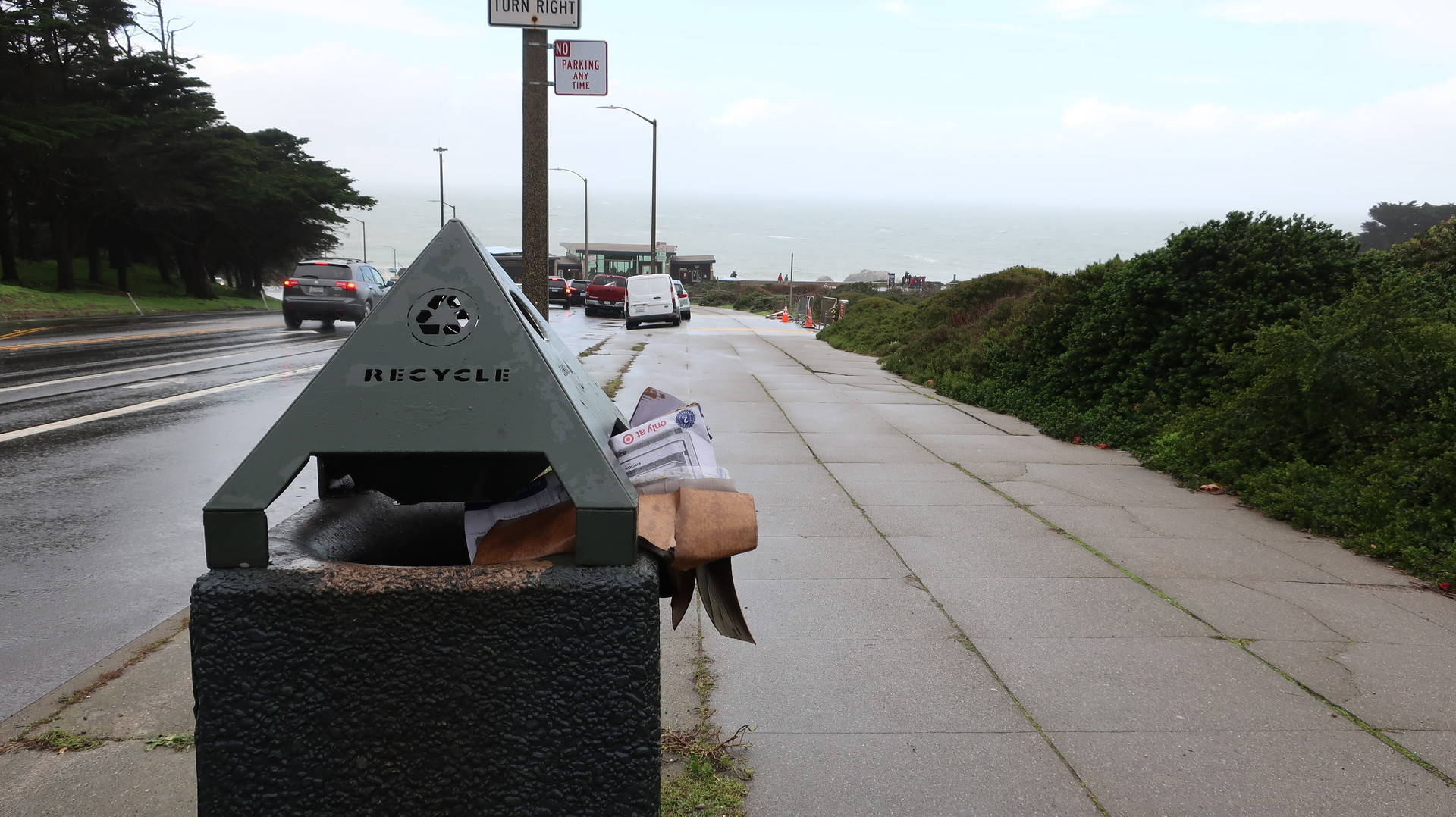 Recycling is stuffed into a bin at Lands End in San Francisco on Jan. 5, 2018. Reps. Jackie Speier and Jared Huffman gathered with volunteers to collect trash at Lands End and Ocean Beach during the government shutdown. Michelle Wiley/KQED