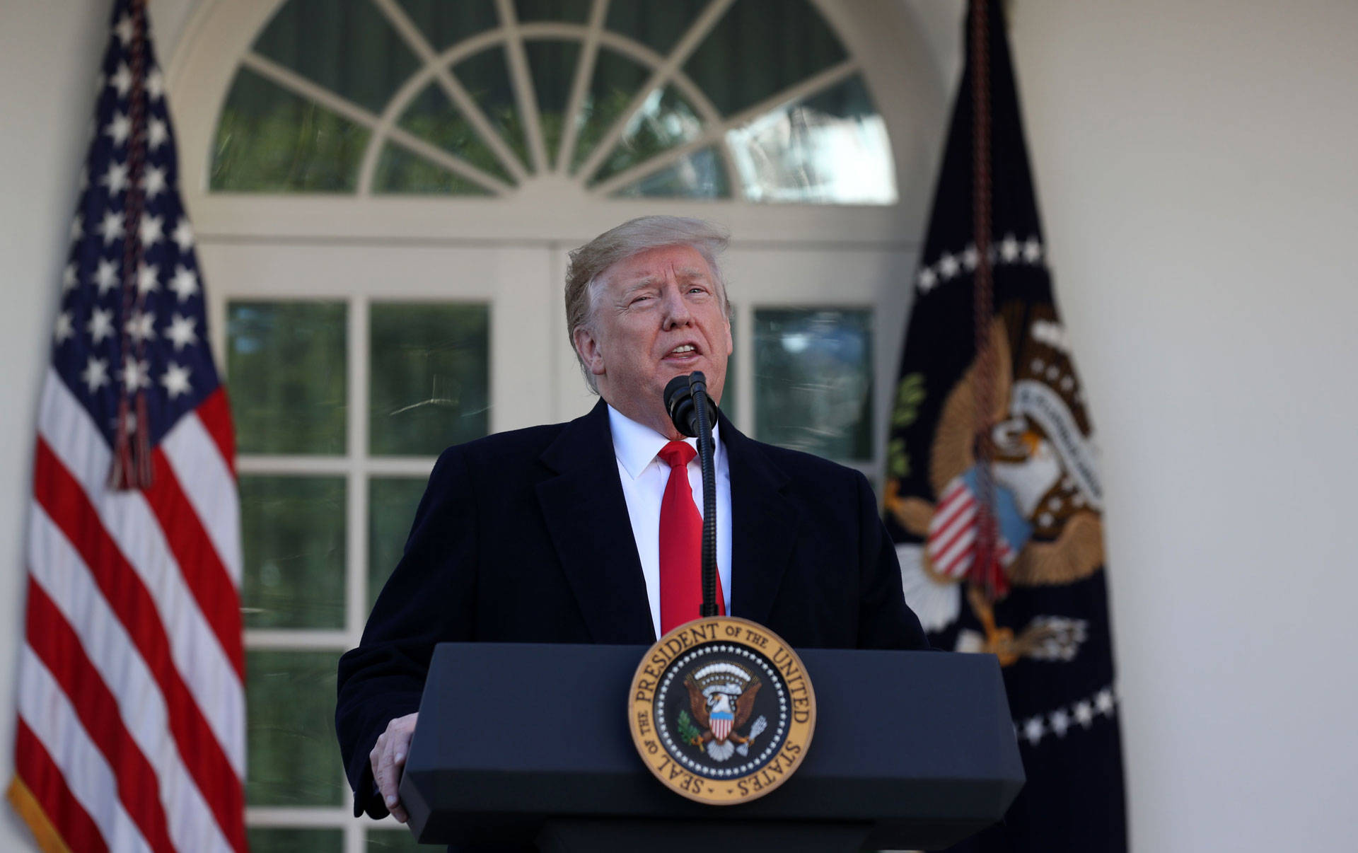 President Donald Trump speaks about the government shutdown on January 25, 2019, from the Rose Garden of the White House. ALEX EDELMAN/AFP/Getty Images