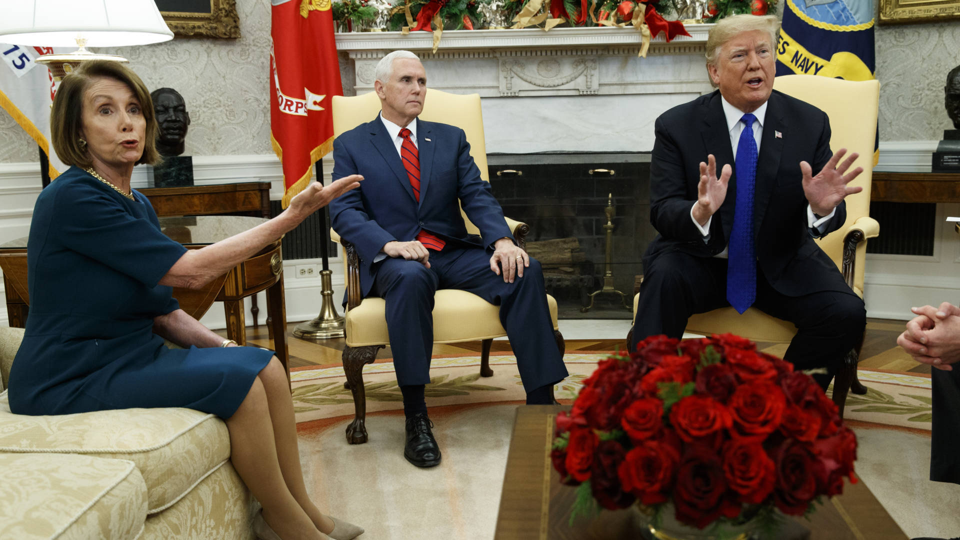 Vice President Mike Pence, looks on as now-House Speaker Nancy Pelosi argues with President Trump during a meeting in the Oval Office last month. Evan Vucci/AP