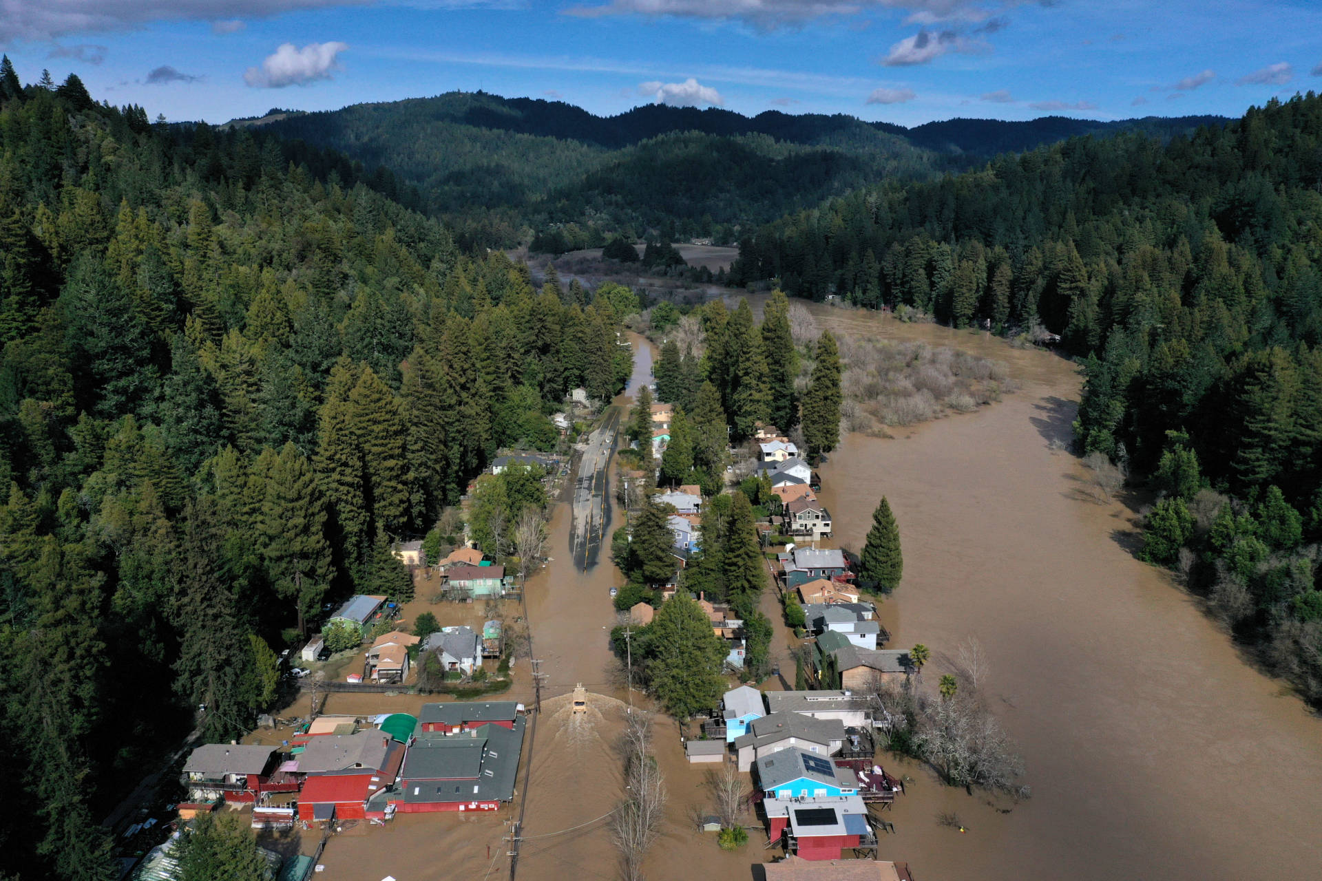 An aerial view of a flooded neighborhood on Feb. 28, 2019, in Guerneville. Justin Sullivan/Getty Images