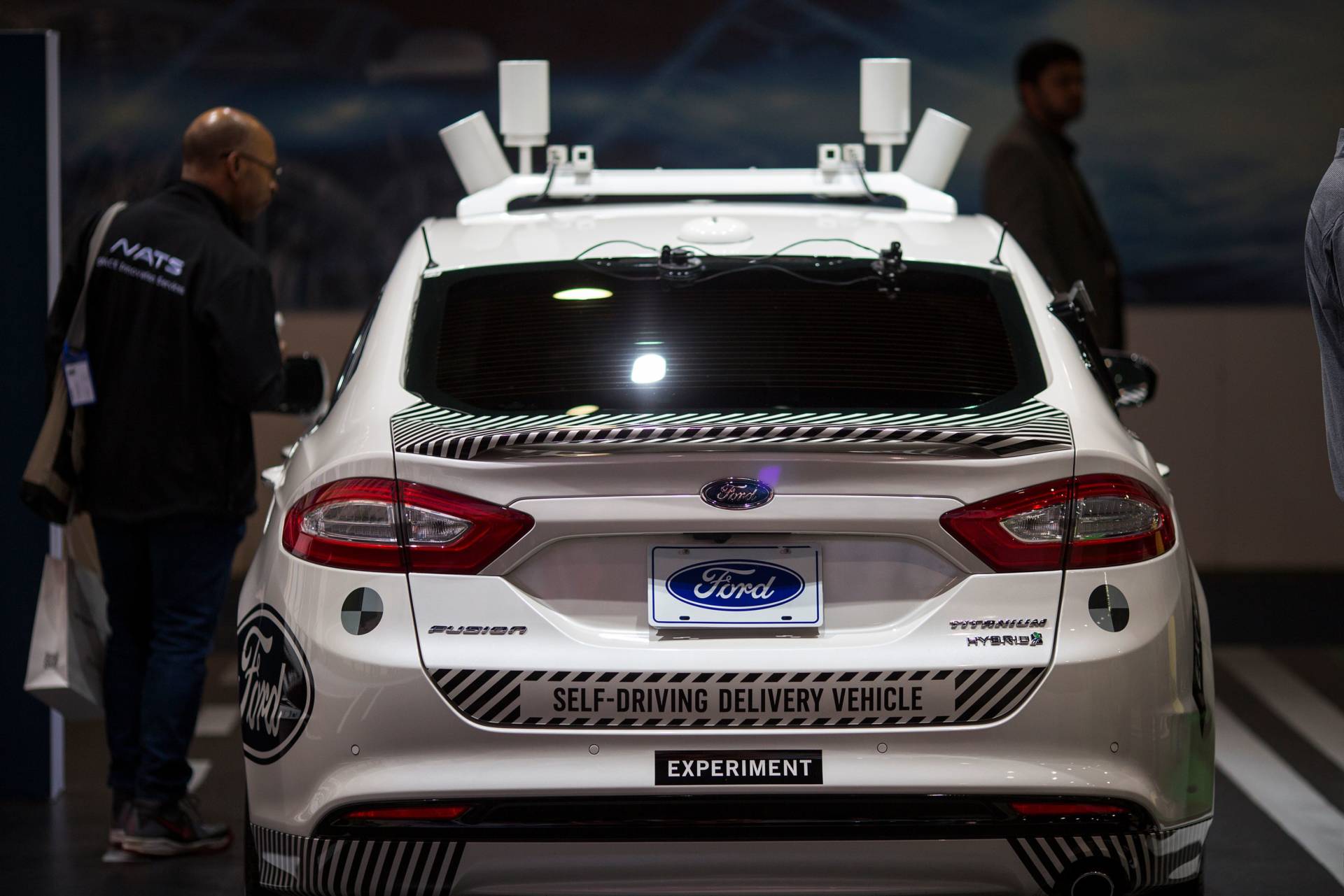 An experimental Ford Fusion self-driving delivery car is displayed at CES in Las Vegas, Nevada. David McNew/AFP/Getty Images