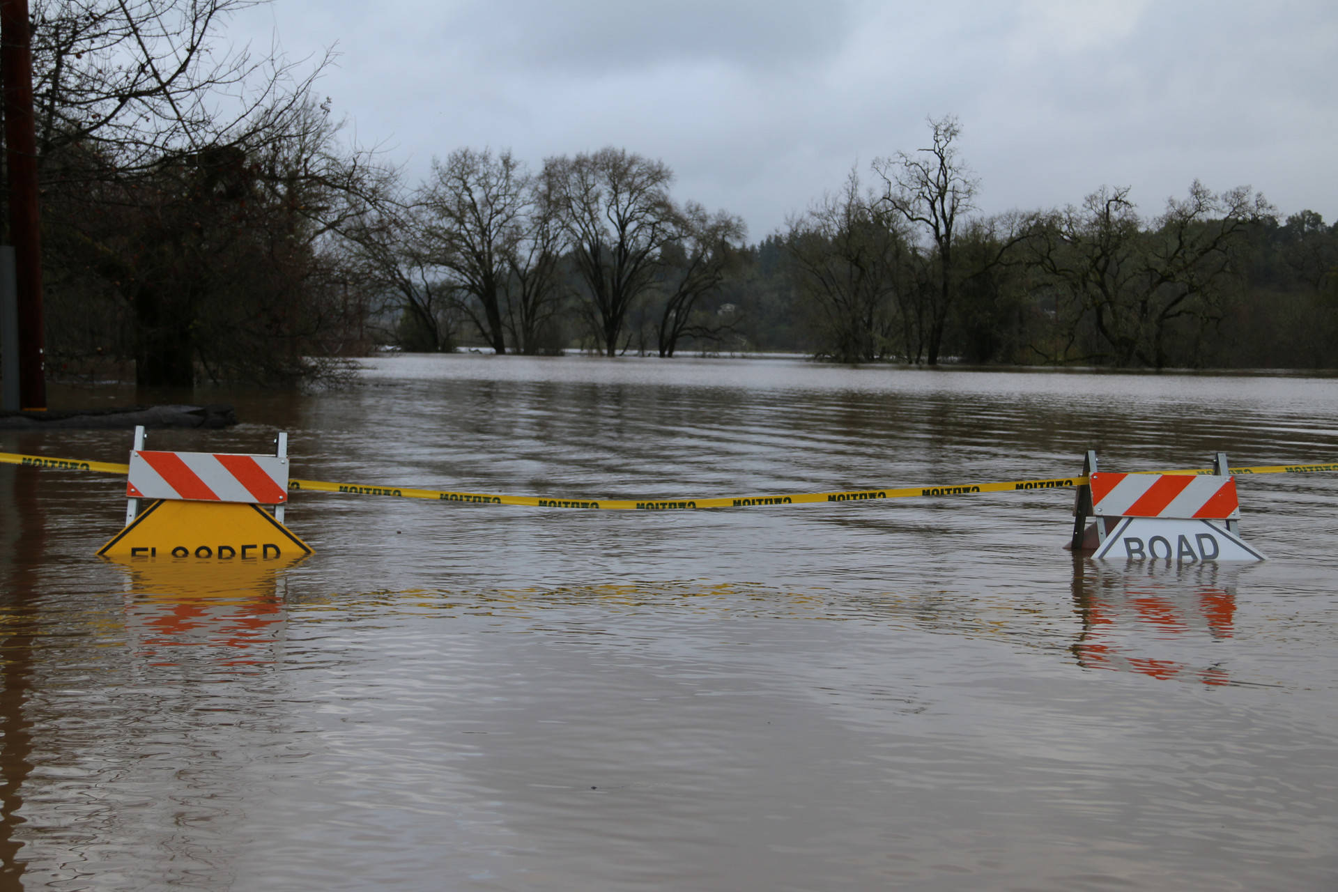 Wohler Road flooded and closed at River Road during Russian River flooding in Sonoma County on Feb. 27, 2019. Adam Grossberg/KQED