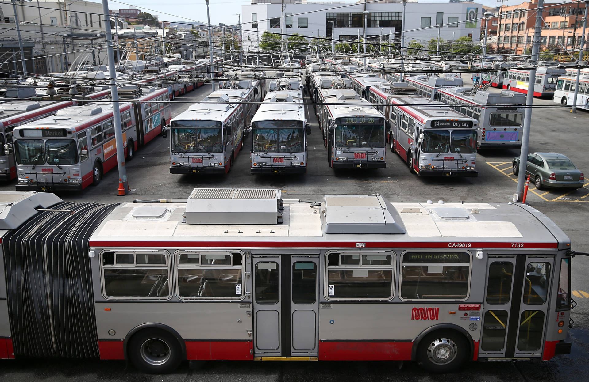 San Francisco Muni's Potrero Division bus yard, seen during a 2014 'sickout' staged by drivers during a contract dispute.  Justin Sullivan/Getty Images