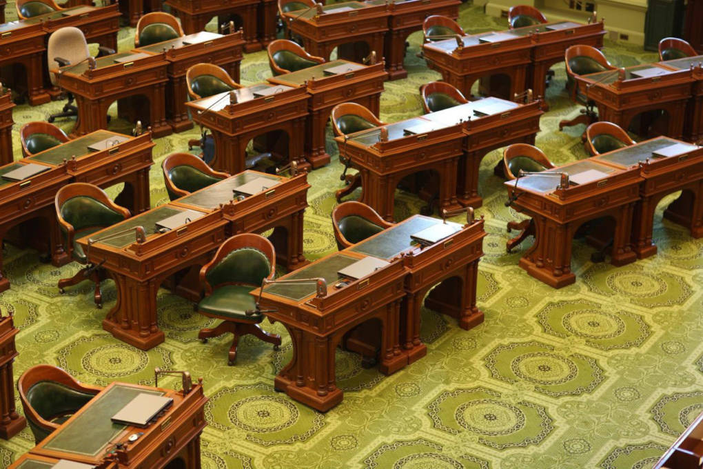 The empty chamber of the California Assembly. Wikimedia Commons
