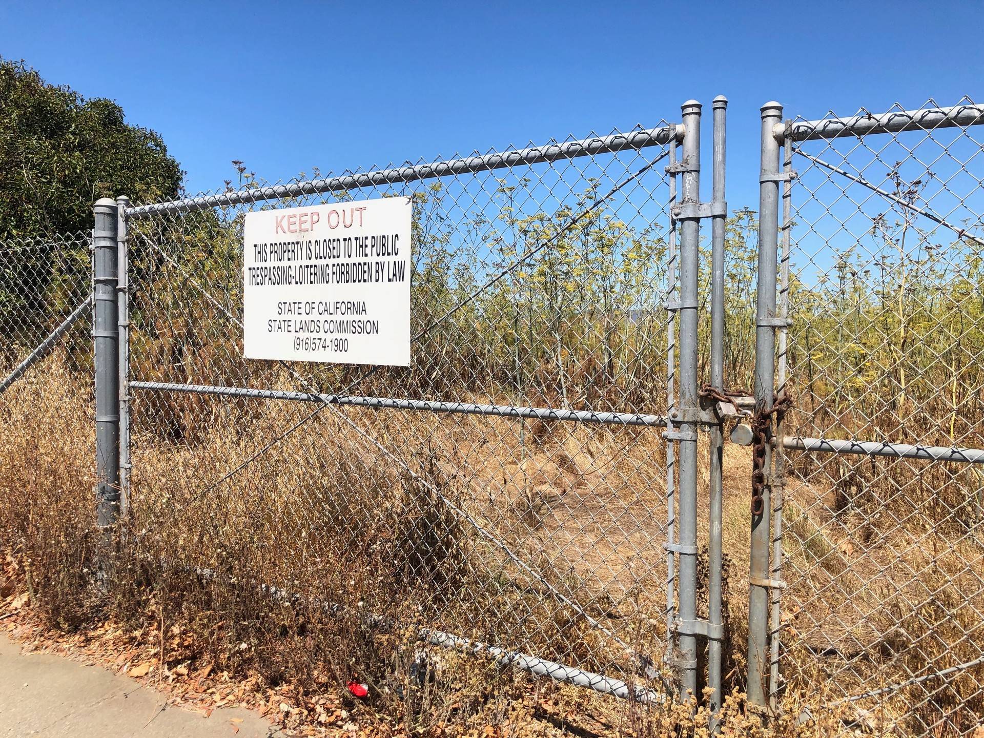 The parcel is public land managed by the State Lands Commission. The agency put up fencing around the perimeter in 1998 in an attempt to curb illegal dumping. Tiffany Camhi/KQED