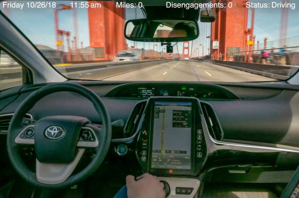A screen grab from December 2018 video depicting Anthony Levandowski's San Francisco-New York City trip using advanced driver-assist technology developed by Pronto.ai, a Levandowski startup. Here, the Toyota Prius operated by the system is traveling 55 mph across the Golden Gate Bridge, a 45 mph zone. The system frequently operated the vehicle over the speed limit during the cross-country trip.  Pronto.ai via <a href="https://vimeo.com/306969319" target="_blank">Vimeo</a>
