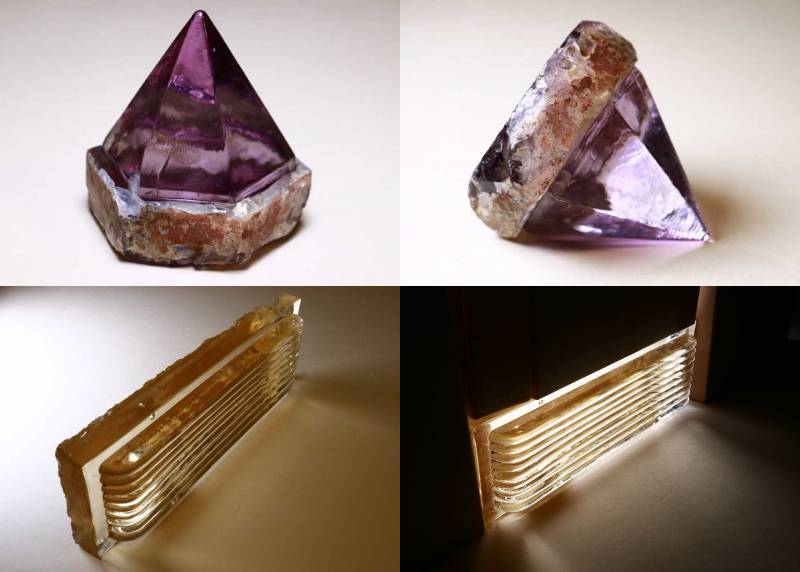 The purple six-sided pointed prism has a flat bottom that would have been flush with the deck of a ship. The rectangular deck light has a series of "ribs" that run the length of the prism. 
