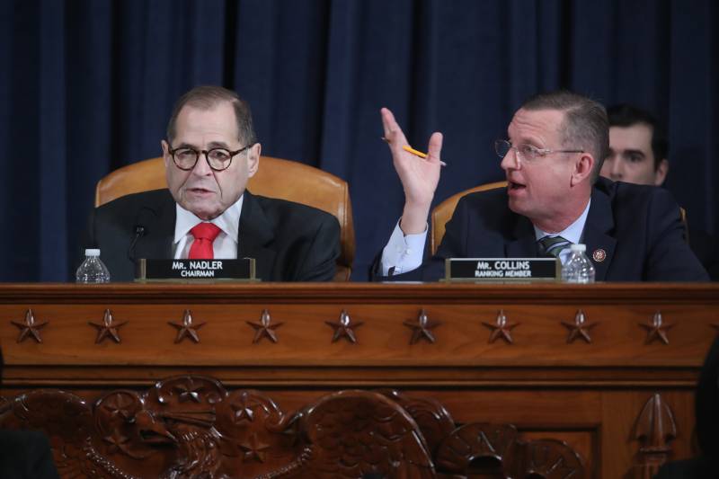 Chair Rep. Jerry Nadler (D-NY) and ranking member Rep. Doug Collins (R-GA) debate the rules during testimony by lawyers for the House Judiciary Committee, Barry Berke representing the majority Democrats, and Stephen Castor representing the minority Republicans, before the House Judiciary Committee in the Longworth House Office Building on Capitol Hill December 9, 2019 in Washington, DC. 