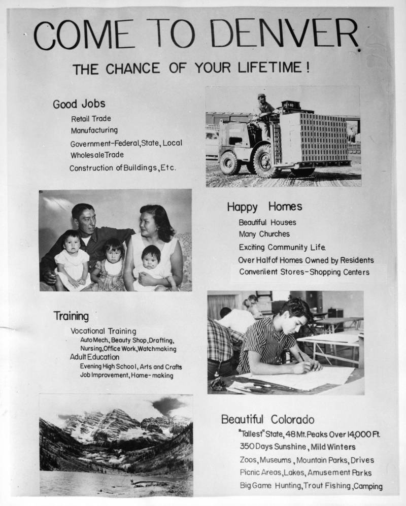 A relocation recruitment poster from the 1950s distributed by the Bureau of Indian Affairs.