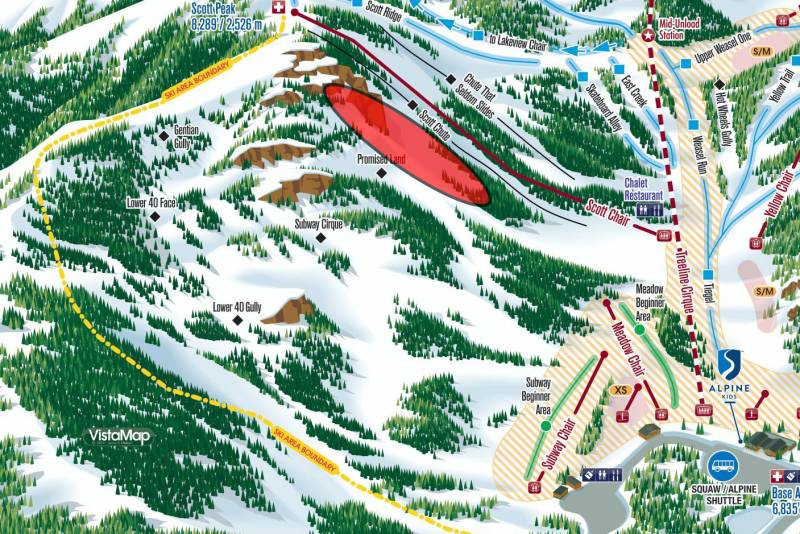 The approximate area where the avalanche occurred, highlighted in red, on an Alpine Meadows Ski Resort trail map.