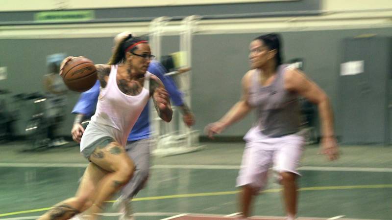 Makayla Fennell, a transgender woman housed at the California Medical Facility in Vacaville, plays basketball with two other transgender women, including Yekaterina Wesa Patience (right), on June 11, 2019.