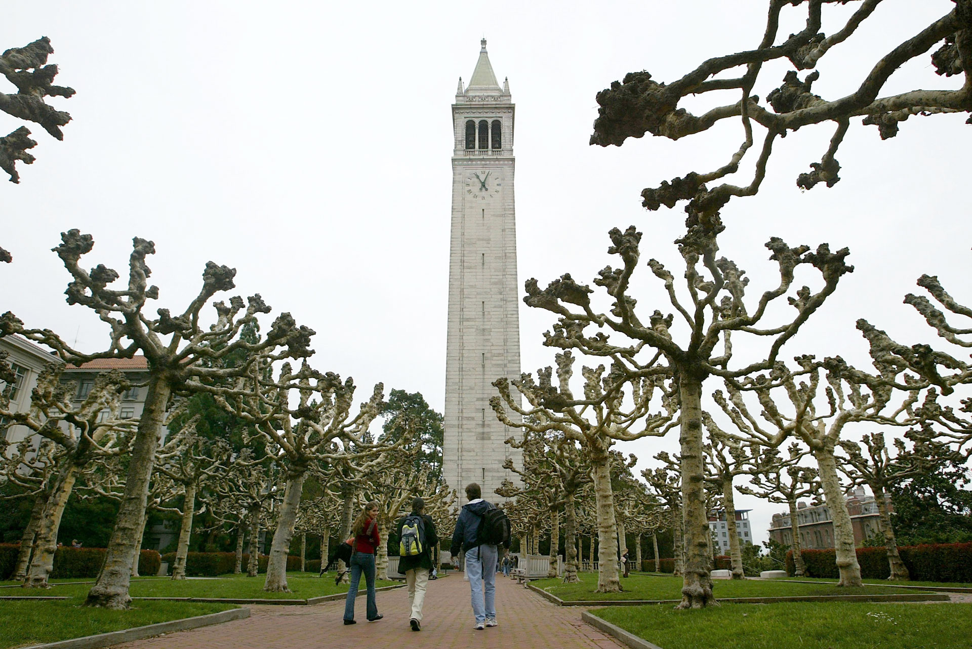 Students walk near Sather Tower on the UC Berkeley campus.