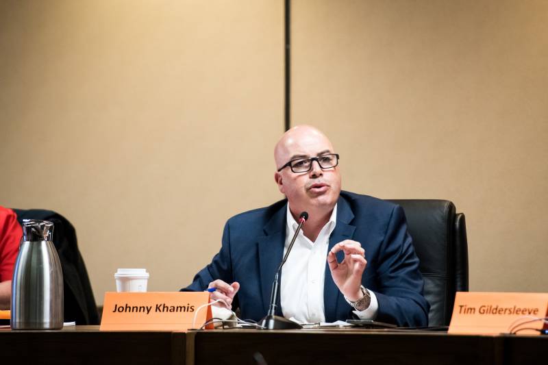 Johnny Khamis speaks during a 15th District State Senate forum at Campbell City Hall on Feb. 19, 2020.