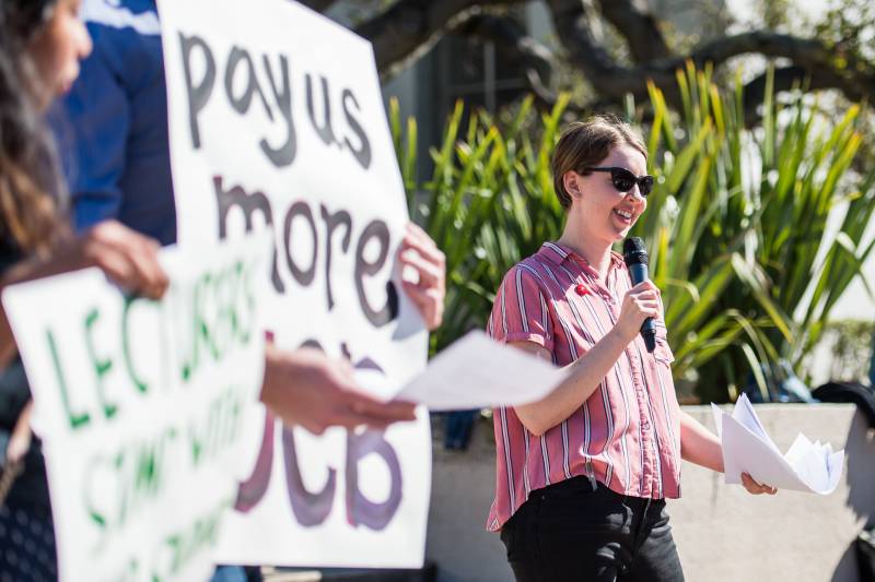 UC Berkeley PhD student Tara Phillips read aloud a demand letter to university administrators during a rally at Sproul Plaza on Feb. 21, 2020.