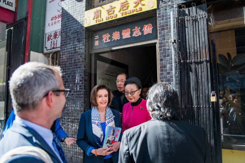 House Speaker Nancy Pelosi exits the Tin How Temple in Chinatown in San Francisco on Monday, Feb. 24, 2020.