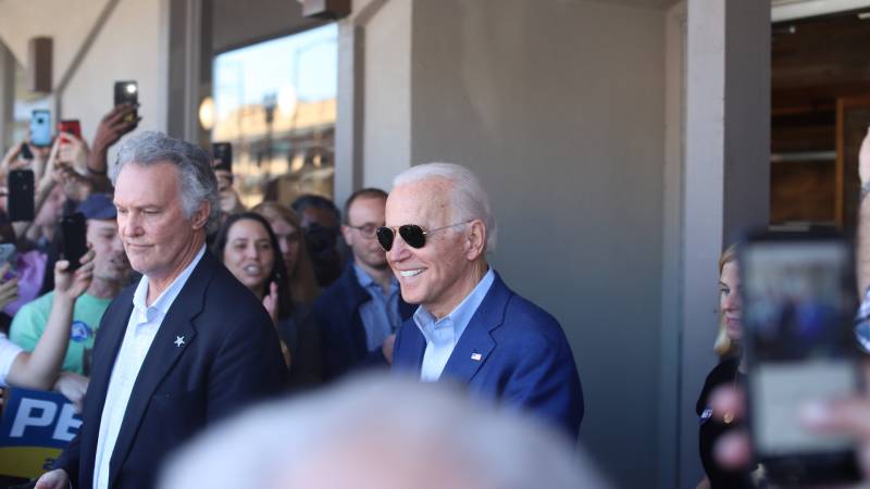Joe Biden, the former vice president, greets supporters at Buttercup Diner in the Jack London District of Oakland as he vies for California's 415 delegates on Super Tuesday, March 3, 2020.