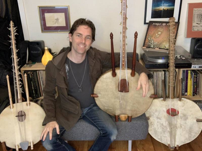 Musician Daniel Berkman sheltering in place with some of his instruments in his San Francisco apartment.