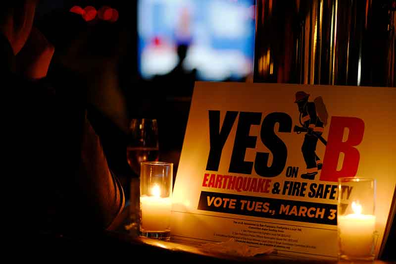 A Yes on B poster at Tosca Cafe during an election-night party for both Prop B and Prop D on Tuesday, March 3, 2020, in San Francisco.