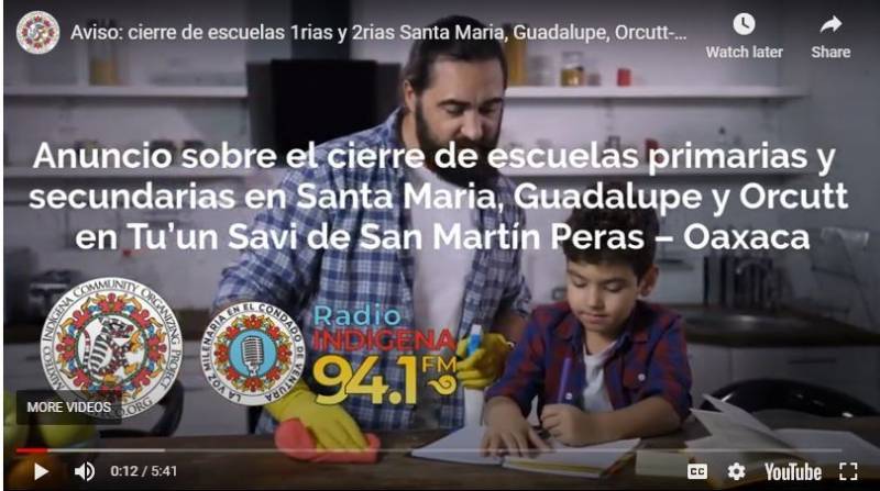 Un mensaje en mixteco publicado por Radio Indígena anuncia el cierre de escuelas en el condado de Santa Bárbara. 