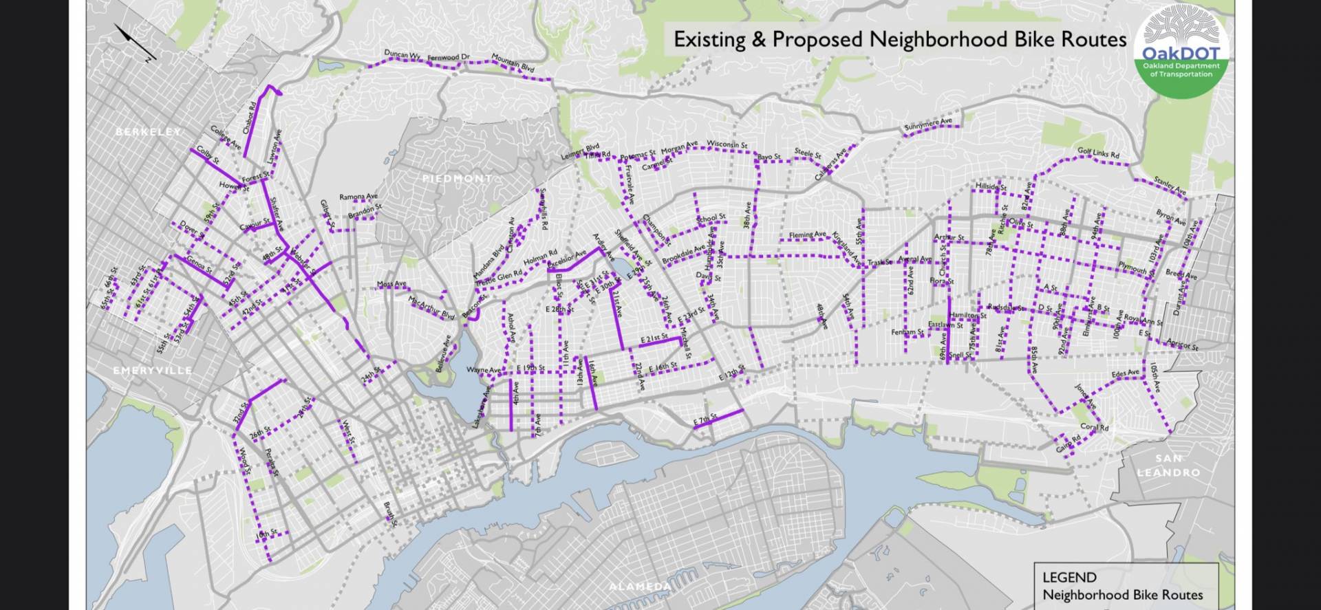 A map of streets that Oakland plans to close to cars while residents shelter in place. The first four street closures will begin on Saturday, April 11. Existing neighborhood bike routes and bike ways are represented by solid purple line; dotted lines represent proposed bike routes.